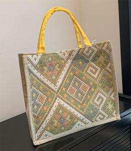Sacola das mulheres de linho de grande capacidade com diamante padrão portátil moda estilo casual para estudantes sair bolsa de ombro - Product Image 2