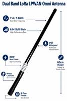 Antenne extérieure omnidirectionnelle LoRa LPWAN double bande 2.4G 5.8G à gain élevé 6-15dBi, verticale, IP67, avec connecteur N mâle pour drone et applications au sol