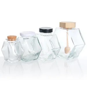 100Ml 220Ml 380Ml Bamboe Deksel Lege Zeshoek Natuurlijke Honingpot Glazen Container Met Dipper