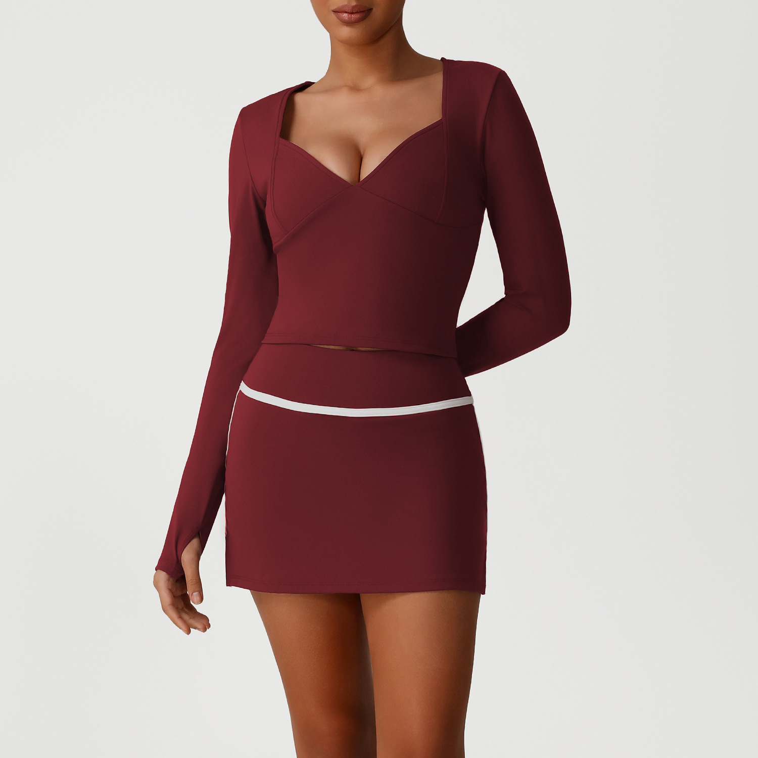 long sleeve top skirt set red