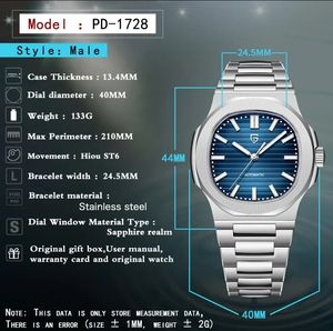 PAGANI DESIGN PD-1728 2024 Reloj Mecánico Automático para Hombre de Acero Inoxidable, Resistente al Agua 100M, con Cristal de Zafiro - Product Image 5