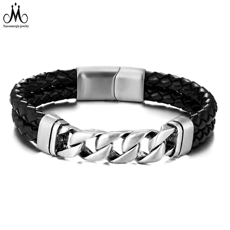 Hip-Hop Bracelet Jewelry Stainless Steel Cuban Chain Black Braided Leather Combination Mens Bracelet