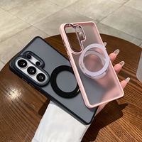 Coque de téléphone magnétique translucide givrée pour iPhone et Samsung avec support anneau rotatif à 360°, cadre métallique pour appareil photo, protection antichute