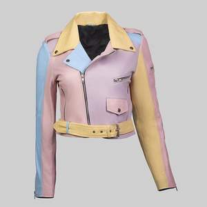 เสื้อแจ็คเก็ตหนังเทียมทรงครอปสีพาสเทลรุ้งสำหรับผู้หญิง ระบายอากาศได้ดี ปิดด้วยซิป ดีไซน์ทันสมัย เสื้อคลุมตัวสั้นสำหรับฤดูหนาว สวมใส่สบายๆ - Product Image 5