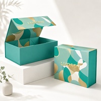 Caja Magnética Plegable de una Pieza Verde, con Patrón Floral en Relieve y Logotipo con Estampado Dorado en Caliente, Empaque de Regalo de Lujo
