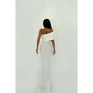 Robe de bal Vanya blanche à une manche, taille empire, silhouette trapèze, en polyester, tailles XS à XL, pour soirée - Product Image 1