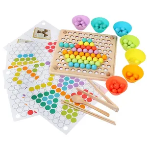 婴儿早教蒙特梭利板数学游戏手脑训练木制彩虹木夹珠子拼图玩具