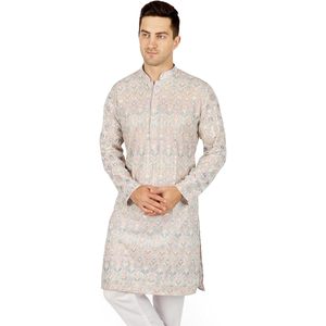 Triloki <b>Men</b> Ikkat <b>Kurta</b> Pajama Set Cotton Ethnic Indian Traditional Wear Diwali Occasion White 3XL - Product Image 2