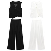 Ensemble femmes 2025 nouveau deux-pièces mode Joker sans manches col en V gilet court veste + dames mode pantalon large costume
