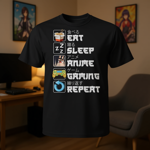T-shirt Eat Sleep Anime Gaming Repeat, style Manga japonais, taille adulte unisexe - Product Image 3
