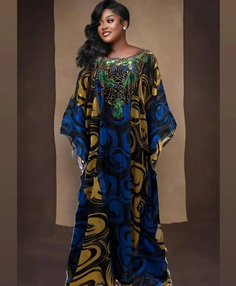 2023 Luxury Plus Size Blue African Sequins Maxi Dress for Women Elegant Lady Wedding Evening Party Dresses Muslim Kaftan Robe