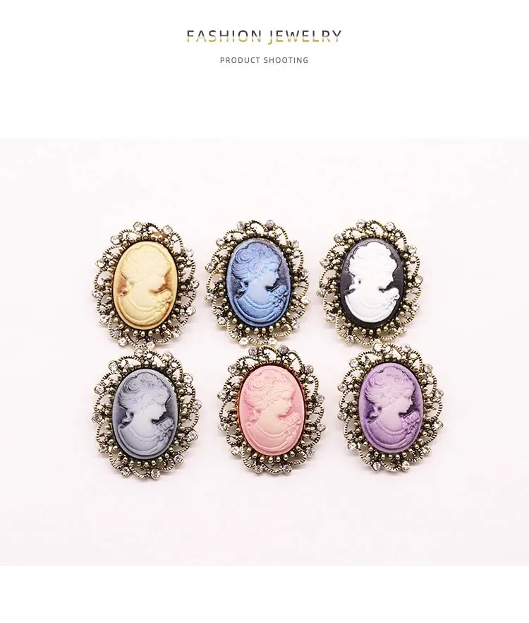 wholesale Retro beauty head gold plated brooch Rhinestone pins brooches women