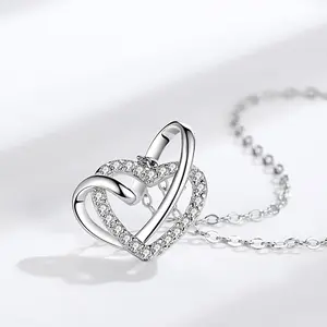 Natuna Fashion Jewelry Personalized Design Zircon Heart Pendant Double Heart 925 Silver Necklace For Women