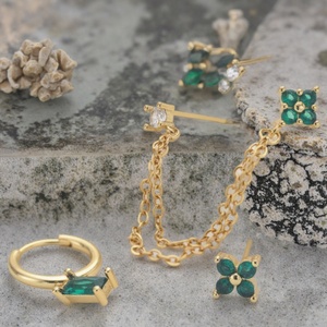 Hot Sale Classic Copper Fashion <b>Earrings</b> Women Gold Plating Green Zircon Bezel Setting Drop ODM Supply Pendant Style - Product Image 3