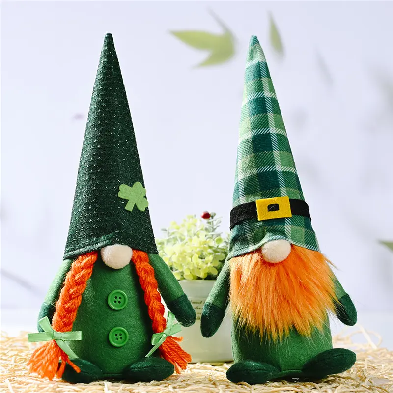 2022 St Patricks Day Gnome Plush Elf Decor Green Check Plaid Saint Patrick's Day Irish Decorations Home Table Gnome Ornament