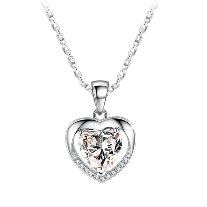 European And American Korean S925 Sterling Silver Women 4-Color Gemstone Necklace Jewelry Heart Crystal Pendants For Necklace