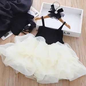 Yaz kolsuz kız elbise çocuklar için 2023 yeni çiçek parti prenses elbise bir papyon saç çember kek shaggy etek göndermek