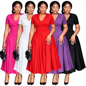 N8208 Nouvelle Robe d'été élégante pour <span class=keywords><strong>femme</strong></span> grande taille, style africain, couleur unie, col en V, manches courtes, en polyester - Product Image 1