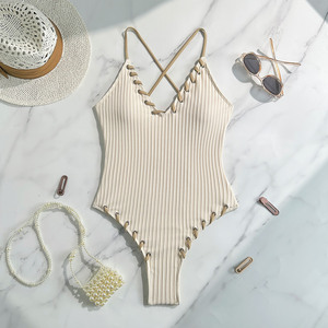 Traje de baño de una pieza acanalado para mujer con cuello en V, espalda cruzada con cordones, tirantes ajustables y corte alto, para playa, venta al por mayor - Product Image 6