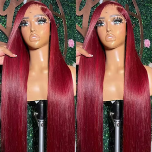 Parrucca frontale <span class=keywords><strong>in</strong></span> pizzo dritto 99j Pre pizzicata Remy 13x4 <span class=keywords><strong>in</strong></span> pizzo trasparente anteriore parrucche per capelli umani da donna bordeaux colore 180% densità - Product Image 1