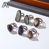 Bague ouverte vintage en bronze réglable avec double pierre irrégulière en améthyste naturelle et citrine pour femme