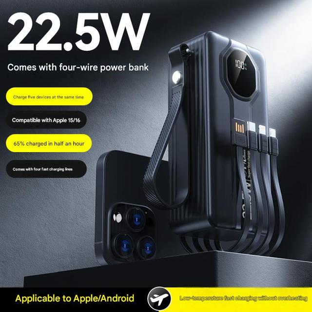 20000mAh High Capacity Power Bank Built-in 4 Cables Double USB Fast Charging 22.5W LED Light Smart Display Foldable Holder