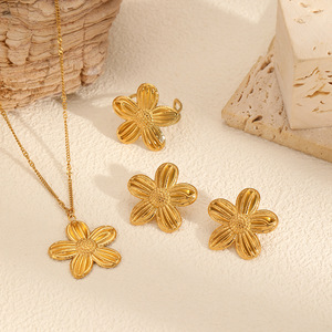 Flower Necklace Earrings <b>Ring</b> <b>Set</b> 18k <b>Gold</b> Plated Stainless Steel Women's Everyday Wear Jewelry <b>Set</b> - Product Image 1