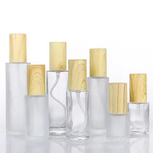 Conjunto de embalaje de cosméticos de lujo, botella de bomba de loción de 30ml, 60ml, 100ml, 10g, 30g, 50g, frasco de vidrio esmerilado con tapa de madera, 120ml