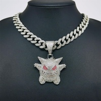 Collar con colgante de Gengar divertido, estilo hip hop, con cadena cubana grande de aleación de zinc y diamantes de imitación.