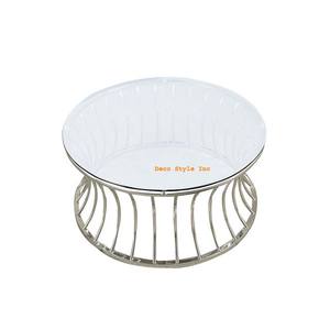 Table basse évasée en métal, avec base de tambour et plateau circulaire, argenté - Product Image 1