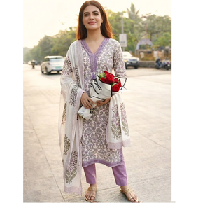 Ensemble Kurta et pantalon en coton à motif floral lavande avec dupatta, séchage rapide, infroissable, tenue ethnique pour femme, idéal pour les fêtes - Product Image 1