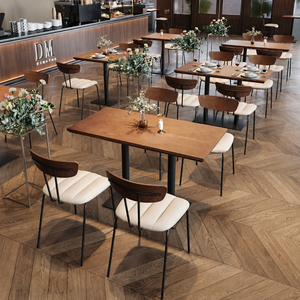 Conjunto de Mesa y Banco con Estructura de Madera en Color Crema Avena, Asiento Acolchado, Tablero Rectangular con Acabado Granulado, Base de Pedestal para Hotel, Salón y Cafetería - Product Image 2