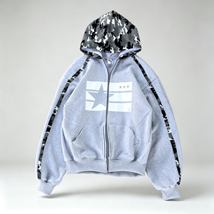 Sweat à capuche zippé intégral en molleton épais gris chiné pour homme, coupe ample, avec motif étoile et bande latérale camouflage contrastante, sur mesure - Product Image 1