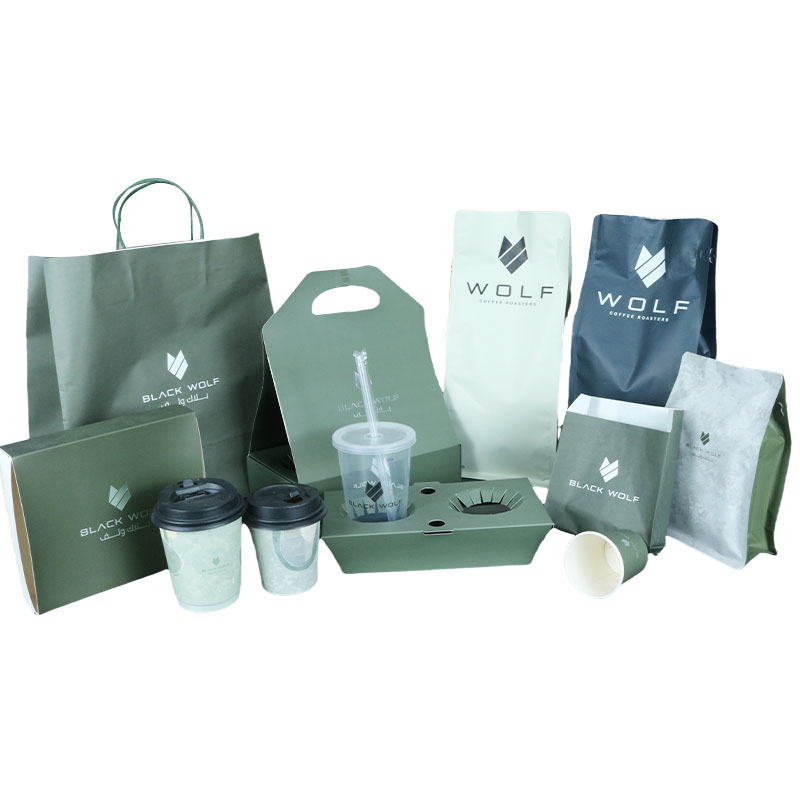 Eco-Friendly Coffee Series Custom Kraft Paper Packaging Bag Coffee Shops Take Away Cups Holder Cups Box Bag And Coffee Cup