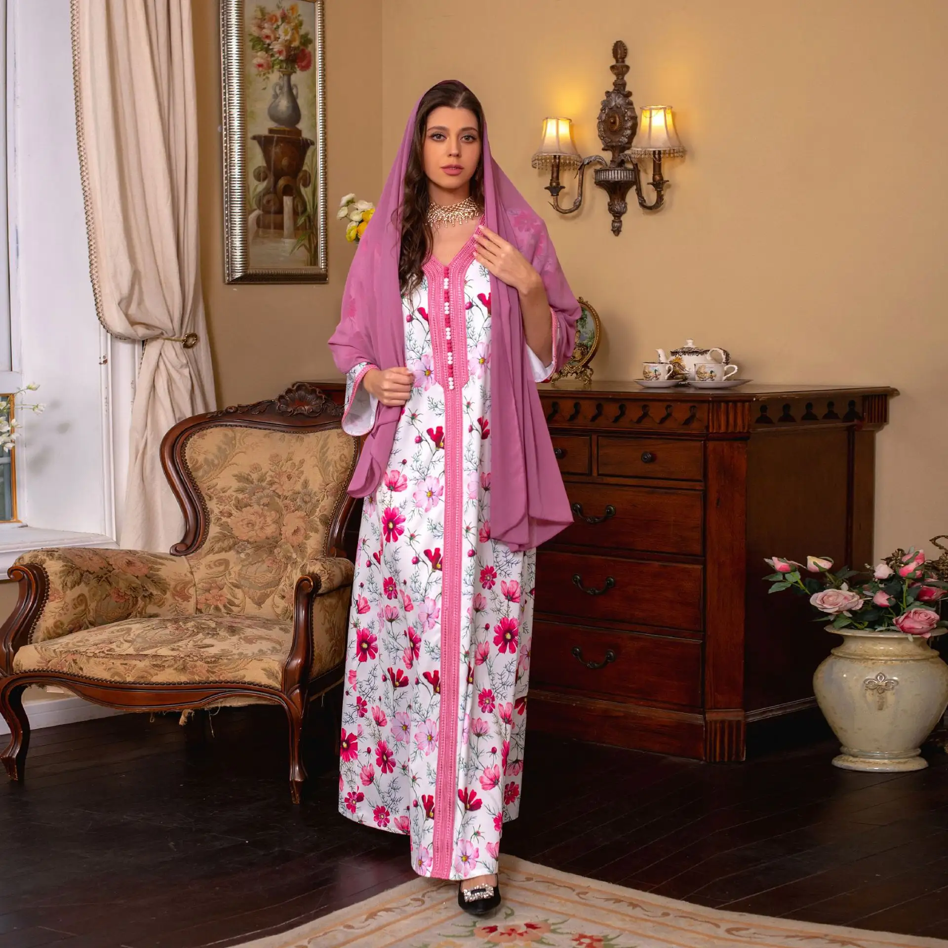 Ropa de mujer Diseño islámico Abaya Árabe Musulmán Jalabiya Maxi Turquía Venta al por mayor Vestido estampado