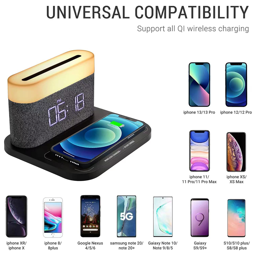 2023 New Tech Desk Bedside 15w Qi Fast Charging 3 in One Digital Alarm Clock Wireless Charger Lamp