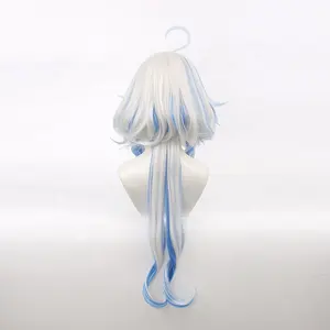 Wholesale 80cm Long Curly White Blue Mixed Genshin Impact Anime Focalors Wig Cosplay Synthetic Cosplay Costume Wig