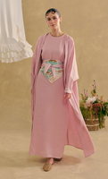 Ensemble Abaya en Lin Rose Modeste Premium 2026 – Cardigan Ouvert Oversize, Robe Longue Imprimée Colorée avec Ceinture, Tenue Formelle Islamique Grande Taille