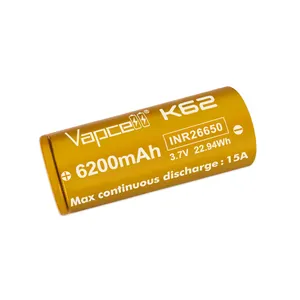 Vapcell K62 26650 15A Li Ion Battery High Capacity Super Long Cycle Life 3.6V 6200mAh 26650 Rechargeable Lithium Battery Cells