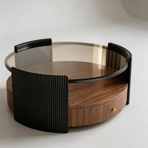 Set di Tavolini da Caffè Moderni ed Ecologici in Vetro Marrone con Cassetto in <span class=keywords><strong>Legno</strong></span> e Dettagli Neri per Soggiorno - Product Image 3