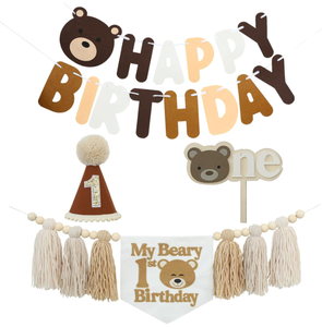Décorations pour fête prénatale et <span class=keywords><strong>1er</strong></span> anniversaire sur le thème de l'ours : Bannière vintage suspendue, drapeaux pour <span class=keywords><strong>chaise</strong></span> haute, guirlande de pompons, chapeau 'UN' et décorations de gâteau 'Cupcake' - Product Image 1