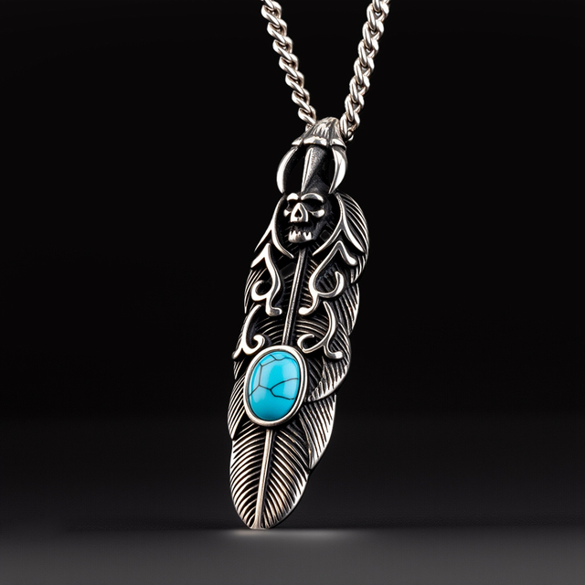 Skull Wing Pendant for Men Stainless Steel Viking Amulet Jewelry Hiphop Street Culture Pendants Charms Vintage Turquoise Pendant