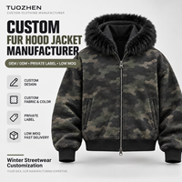 Veste à capuche zippée camouflage Dark Woodland personnalisée, avec capuche en fausse fourrure, coupe oversize et carrée, style streetwear hiver, fournisseur en gros pour marques