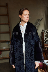 ロングカラクルスワカララムコートアストラハンファーコート、ミンクの襟と袖口付きレザージャケット、レディースシープスキンコート工場 - Product Image 2