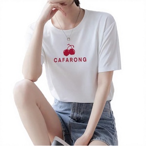 Wholesale Women's Slim-Fitting Short-Sleeved T-Shirt <b>Rainbow</b> Print Logo Winter Casual Y2K Style Silk/Cotton Blend Breathable - Product Image 2