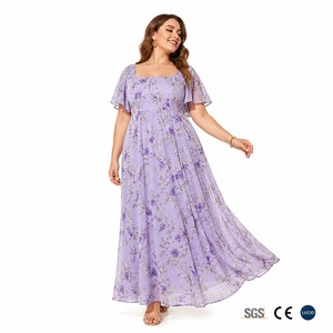 Vestido Maxi de Talla Grande con Estampado Floral, Cuello Cuadrado y Mangas con Volantes, Estilo Provenzal, 120GSM, Viscosa Voile, OEM 1X-5X - Product Image 1