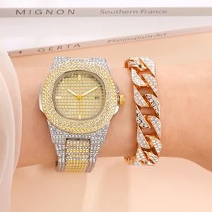 2023 dernier plaqué or Zircon pointeur sport Quartz montre discothèque plein diamant calendrier hommes montre cubaine Bracelet ensemble - Product Image 2