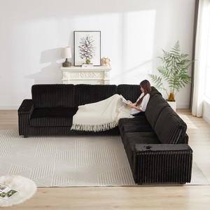 Oversized Convertible L-Shaped Corduroy Corner Sofa Set Modern Design Two <b>Storage</b> Spaces USB Type-C Port Cup Holder Deep Hotel - Product Image 1