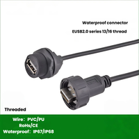 Conector USB2.0 Impermeable IP67/IP68, Macho/Hembra Roscado, Enchufe Recto Moldeado, Carcasa Termoplástica PA66