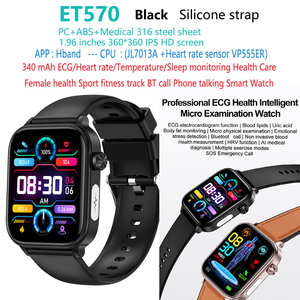 Bracelet en silicone noir ET570-ECG-health-smart-watch